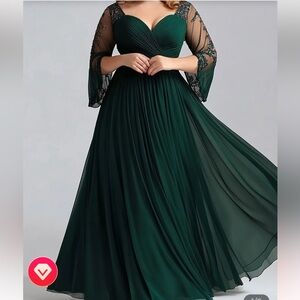 Emerald Green Pleated Gown with Bell Sleeves and Sweetheart Neckline